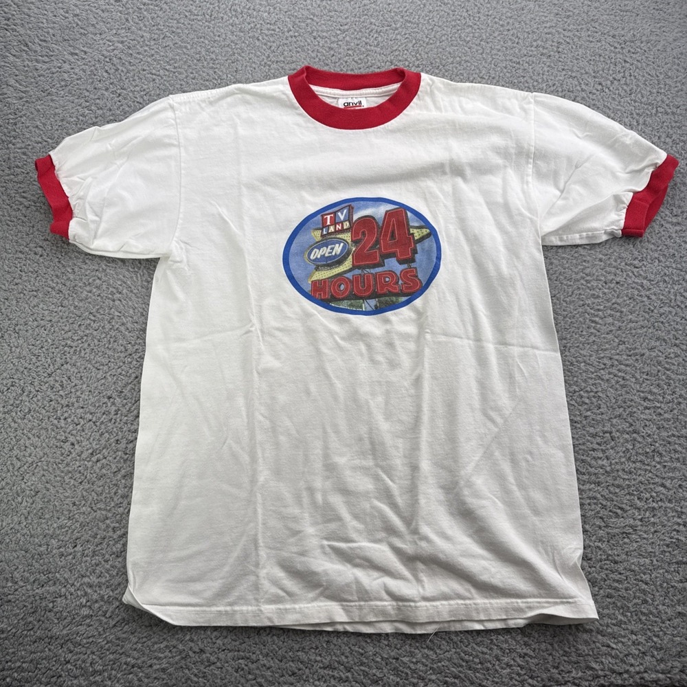Anvil T-Shirt Mens Large White Solid Nick at Nite TV Land Ringer Tee Vintage 90s